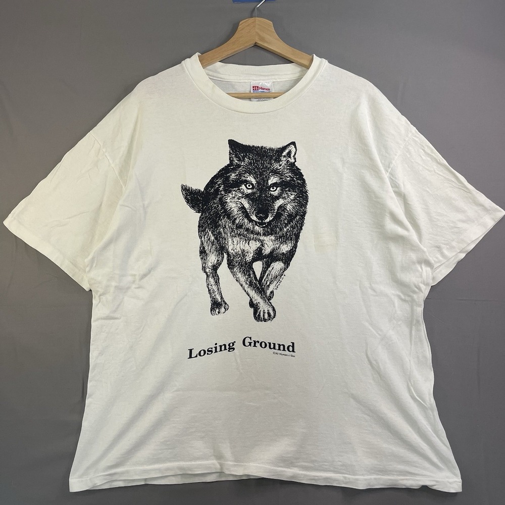 Vintage Human-i-Tees Shirt Mens XL White Wolf Losing Ground Graphic Tee Nature